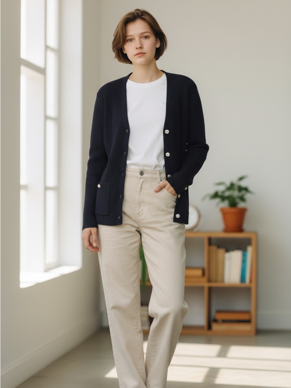 Karl Lagerfeld Navy Knit Cardigan with Pearl Buttons XL